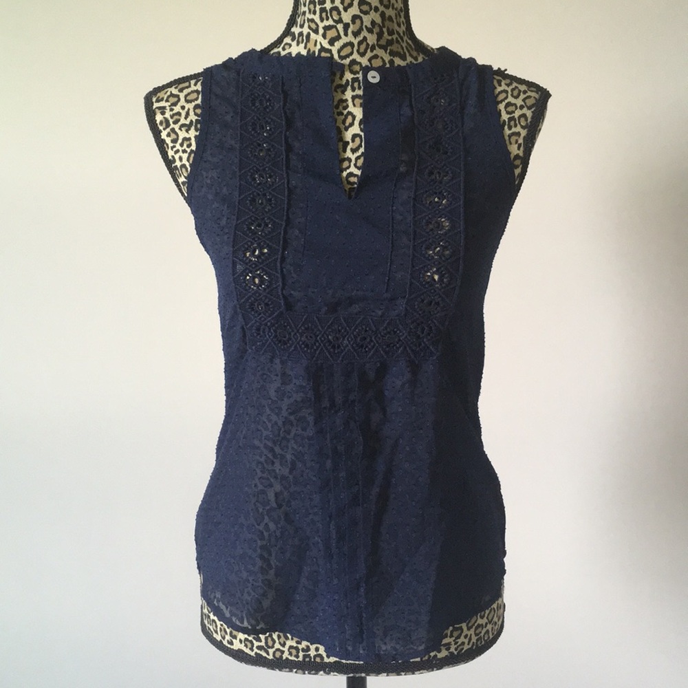 Navy blue embroidered chiffon tank